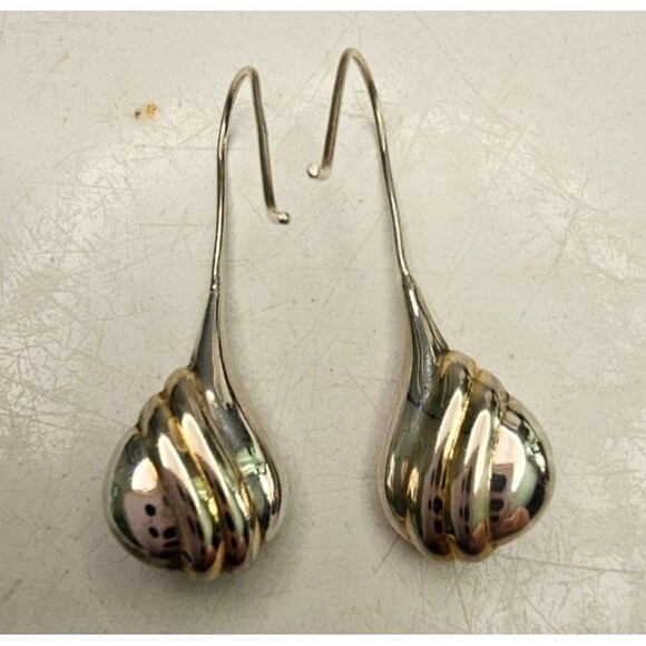 925 Ribbed with Gold Puffy Tear Drop Threader Style Earrings 1 5/8"Lx1/2"W - Picture 6 of 9
